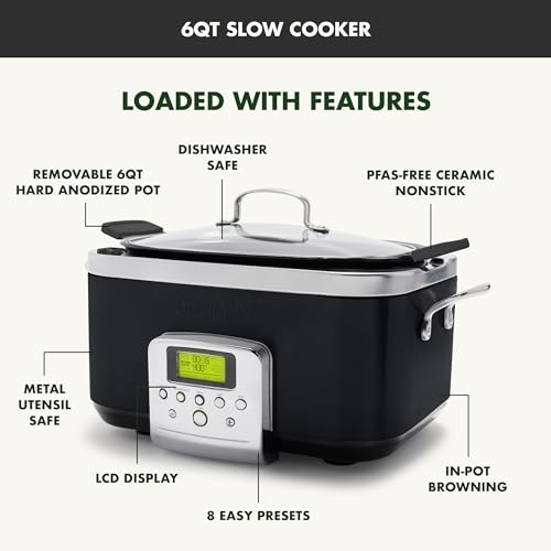 GreenPan Elite 8-in-1 Programmable 6QT Electric Slow Cooker, Dishwasher Safe Lid & Removable Crock, PFAS-Free Healthy Ceramic Nonstick Multi-Cooker, Sear, Sauté, Brown, Steam Basket, Roast, Black