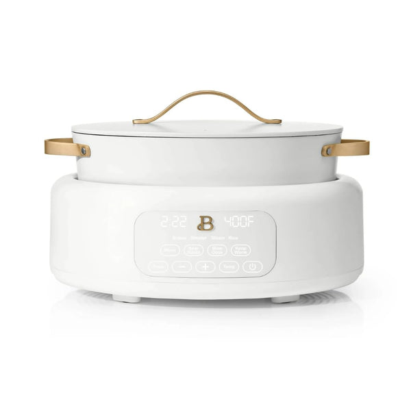 Beautiful 10-in-1 Electric Multi-Cooker by Drew Barrymore, 6-quart, digital display, 10 cooking functions, non-stick pot, easy one-touch control (White Icing)