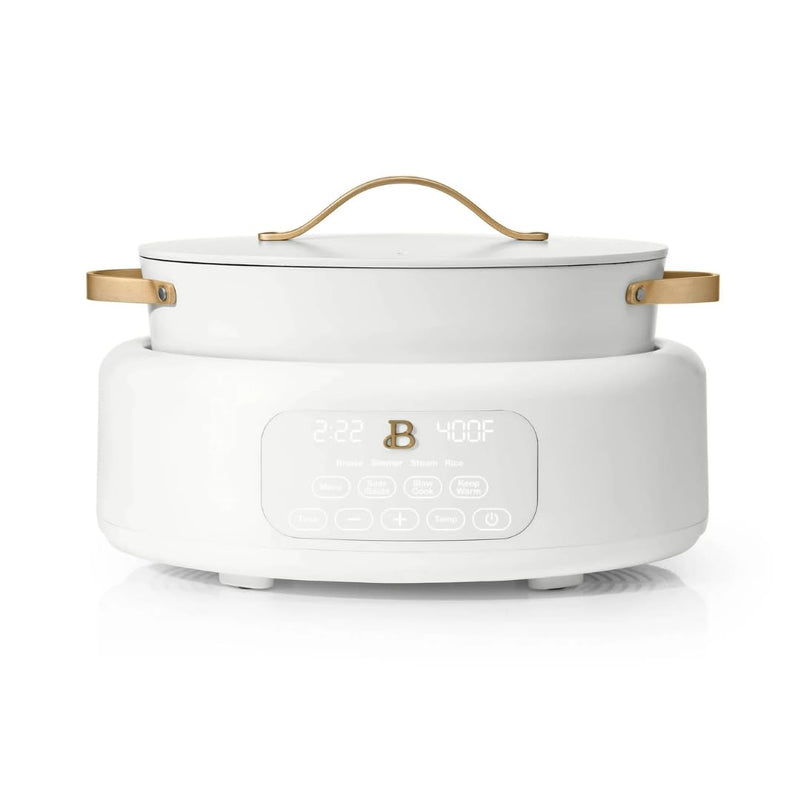 Beautiful 10-in-1 Electric Multi-Cooker by Drew Barrymore, 6-quart, digital display, 10 cooking functions, non-stick pot, easy one-touch control (White Icing)