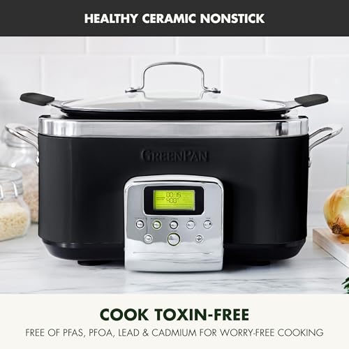 GreenPan Elite 8-in-1 Programmable 6QT Electric Slow Cooker, Dishwasher Safe Lid & Removable Crock, PFAS-Free Healthy Ceramic Nonstick Multi-Cooker, Sear, Sauté, Brown, Steam Basket, Roast, Black