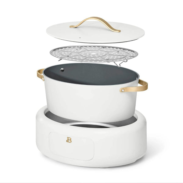 Beautiful 10-in-1 Electric Multi-Cooker by Drew Barrymore, 6-quart, digital display, 10 cooking functions, non-stick pot, easy one-touch control (White Icing)