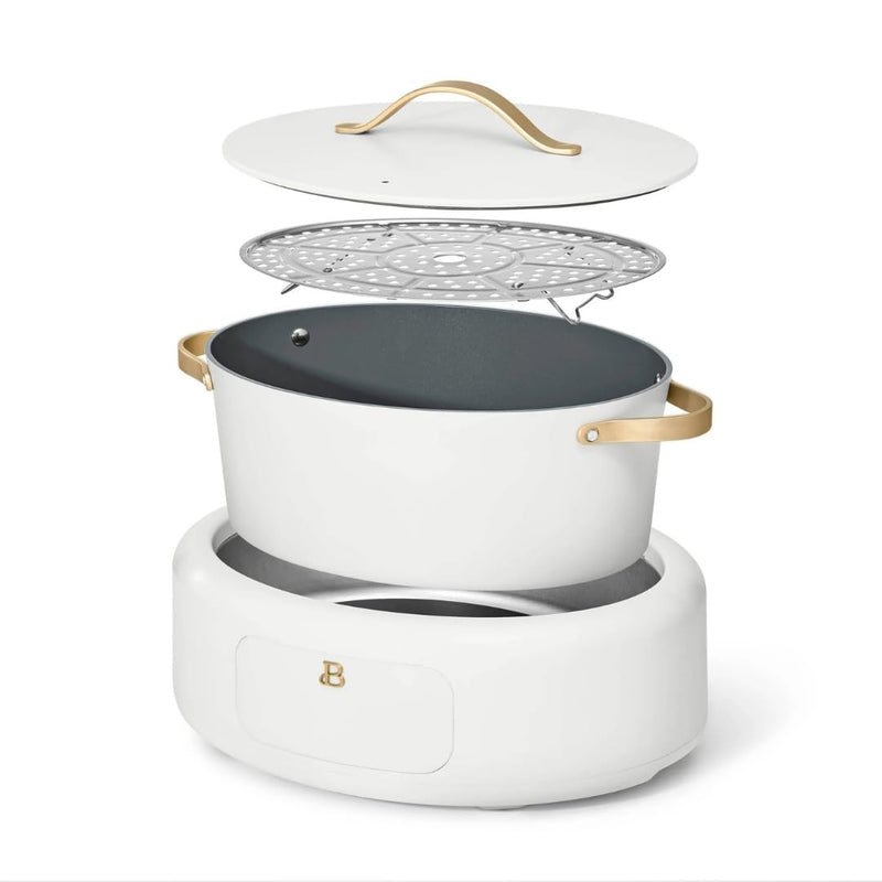 Beautiful 10-in-1 Electric Multi-Cooker by Drew Barrymore, 6-quart, digital display, 10 cooking functions, non-stick pot, easy one-touch control (White Icing)