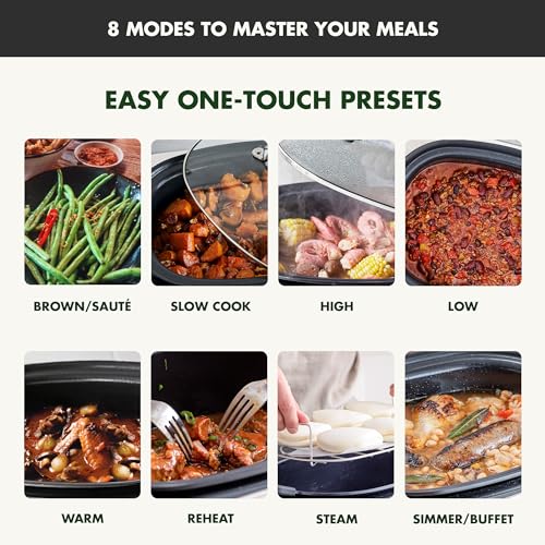 GreenPan Elite 8-in-1 Programmable 6QT Electric Slow Cooker, Dishwasher Safe Lid & Removable Crock, PFAS-Free Healthy Ceramic Nonstick Multi-Cooker, Sear, Sauté, Brown, Steam Basket, Roast, Black