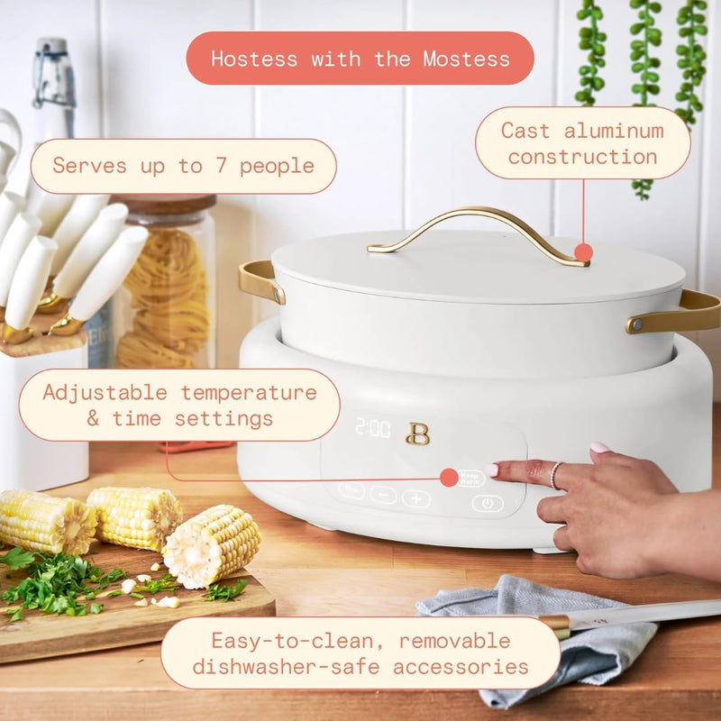 Beautiful 10-in-1 Electric Multi-Cooker by Drew Barrymore, 6-quart, digital display, 10 cooking functions, non-stick pot, easy one-touch control (White Icing)