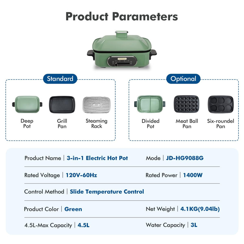Joydeem 3-in-1 Electric Hot Pot, Multi-use Shabu Shabu Pot with Grill Pan & Steamer, Non-stick Ceramic Oil Coating, UL Listed, JD-HG9088G, Green
