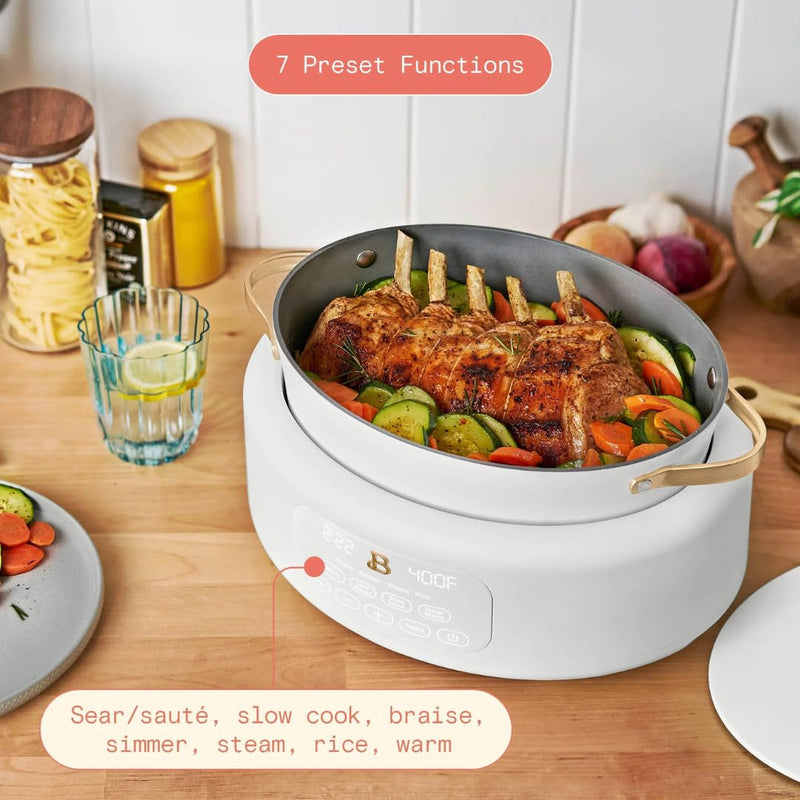 Beautiful 10-in-1 Electric Multi-Cooker by Drew Barrymore, 6-quart, digital display, 10 cooking functions, non-stick pot, easy one-touch control (White Icing)