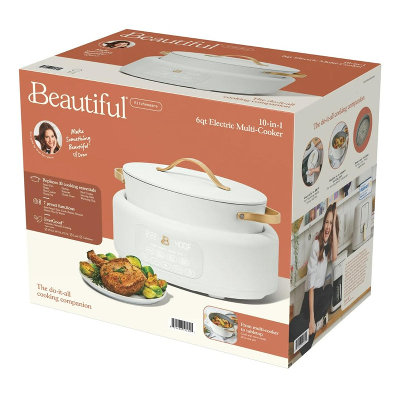 Beautiful 10-in-1 Electric Multi-Cooker by Drew Barrymore, 6-quart, digital display, 10 cooking functions, non-stick pot, easy one-touch control (White Icing)