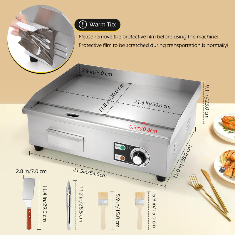 Dyna-Living Commercial Electric Griddle 22'' Flat Top Grill Countertop 3000W Stainless Steel Electric Griddle Nonstick Commercial Flat Top Griddle Countertop Grills, 122°F-572°F Temp Adjustable