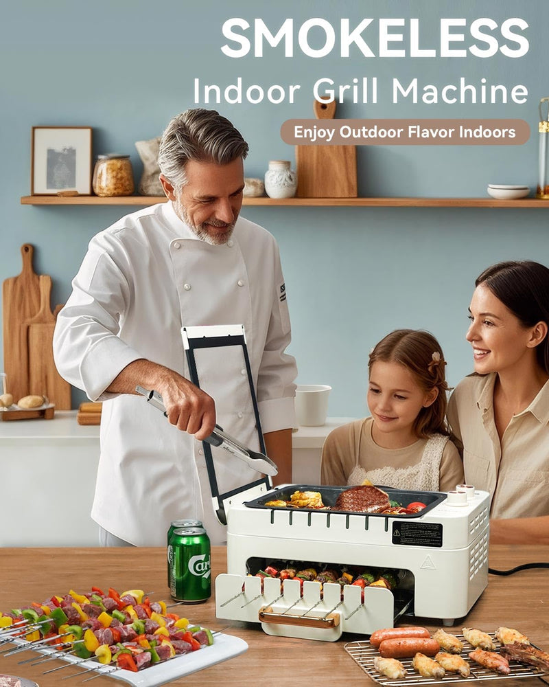 XHJ Indoor BBQ Kabob Skewers Grill,Smokeless Auto 360° Rotating Electric Barbecue Skewers Rotisserie,3 In 1 Indoor Electric Tabletop Grill with Removable Lid,Dual Zone Cooking