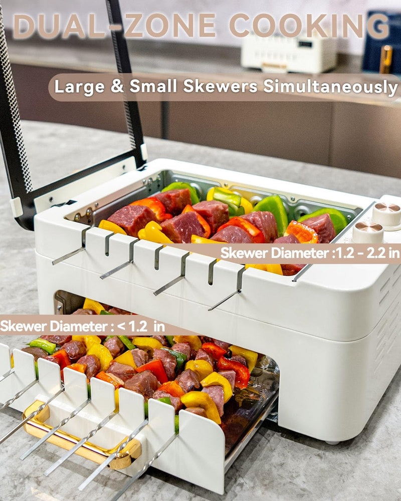 XHJ Indoor BBQ Kabob Skewers Grill,Smokeless Auto 360° Rotating Electric Barbecue Skewers Rotisserie,3 In 1 Indoor Electric Tabletop Grill with Removable Lid,Dual Zone Cooking
