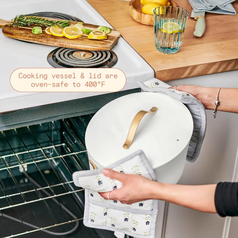 Beautiful 10-in-1 Electric Multi-Cooker by Drew Barrymore, 6-quart, digital display, 10 cooking functions, non-stick pot, easy one-touch control (White Icing)