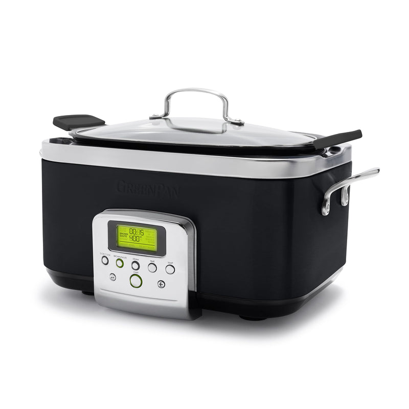 GreenPan Elite 8-in-1 Programmable 6QT Electric Slow Cooker, Dishwasher Safe Lid & Removable Crock, PFAS-Free Healthy Ceramic Nonstick Multi-Cooker, Sear, Sauté, Brown, Steam Basket, Roast, Black