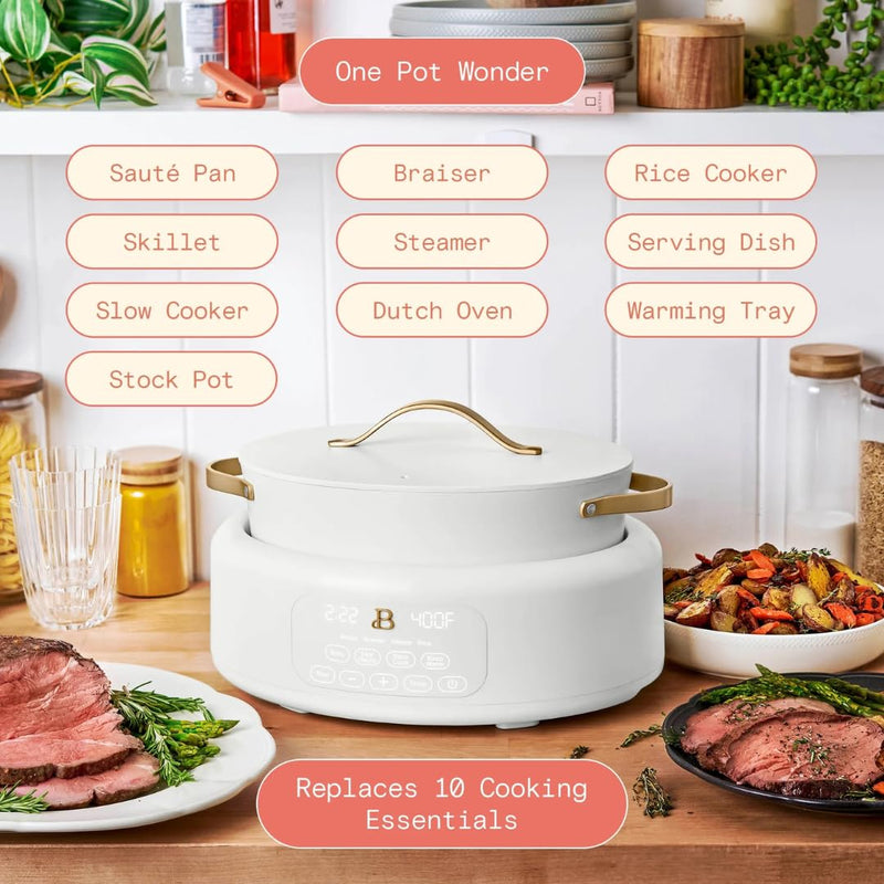 Beautiful 10-in-1 Electric Multi-Cooker by Drew Barrymore, 6-quart, digital display, 10 cooking functions, non-stick pot, easy one-touch control (White Icing)