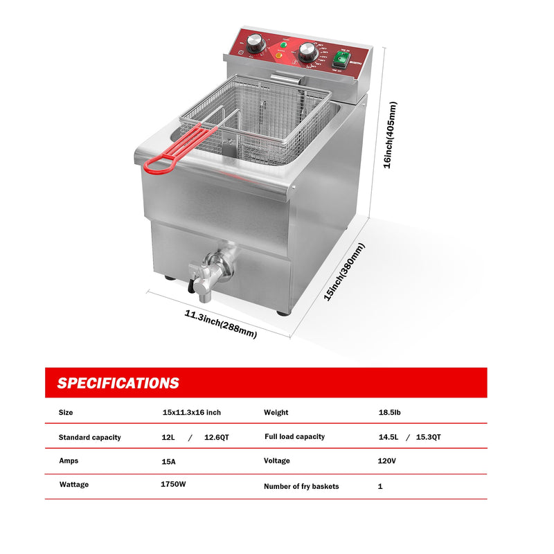 EGGKITPO Deep Fryer 12L Large Electric Fryer with Oil Drain and Timer Deep Fryer with Basket and Lid Stainless Steel Countertop fryer Commercial Fryer for Restaurant and Home Kitchen 120V 1750W