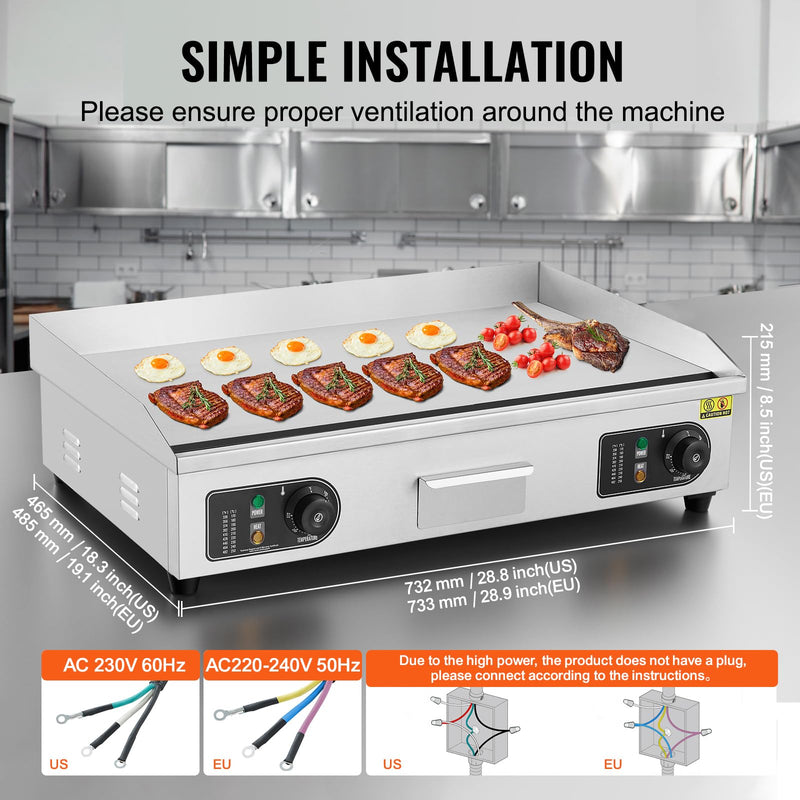 VEVOR 30" Commercial Electric Griddle 3000W Electric Countertop Griddle Non-Stick Restaurant 110V Teppanyaki Flat Top Grill Stainless Steel Adjustable Temperature Control 122°F-572°F (NO PLUG)