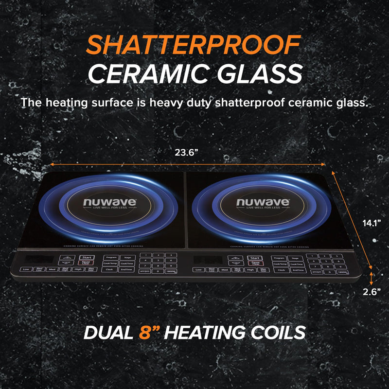 Nuwave Double Cooktop Induction Countertop Burner, Portable, 900 & 1800W, 100°F to 575°F, Large 8” Heating Coil, 50 Pre-Programmed Settings, Shatter-Proof Ceramic Glass, Built-In Safety Auto Shut Off