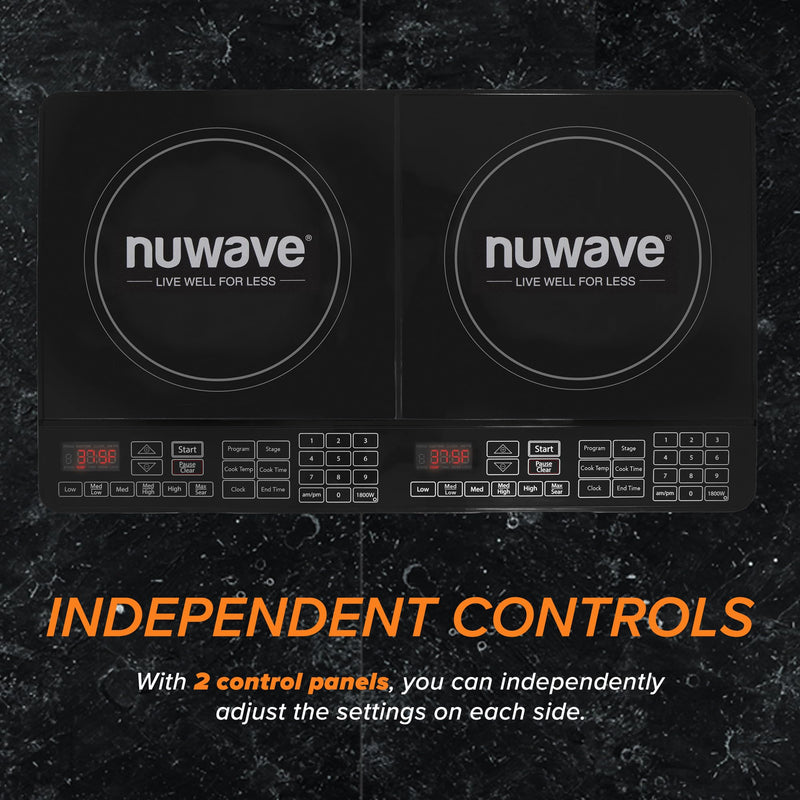 Nuwave Double Cooktop Induction Countertop Burner, Portable, 900 & 1800W, 100°F to 575°F, Large 8” Heating Coil, 50 Pre-Programmed Settings, Shatter-Proof Ceramic Glass, Built-In Safety Auto Shut Off