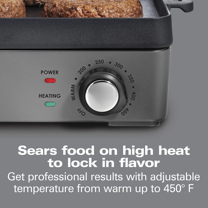 Hamilton Beach Professional Cast Iron Indoor Electric Grill & Griddle, 10" x 16" Preseasoned Cooking Surface, Adjustable Temperature up to 450° F, Black (38560)