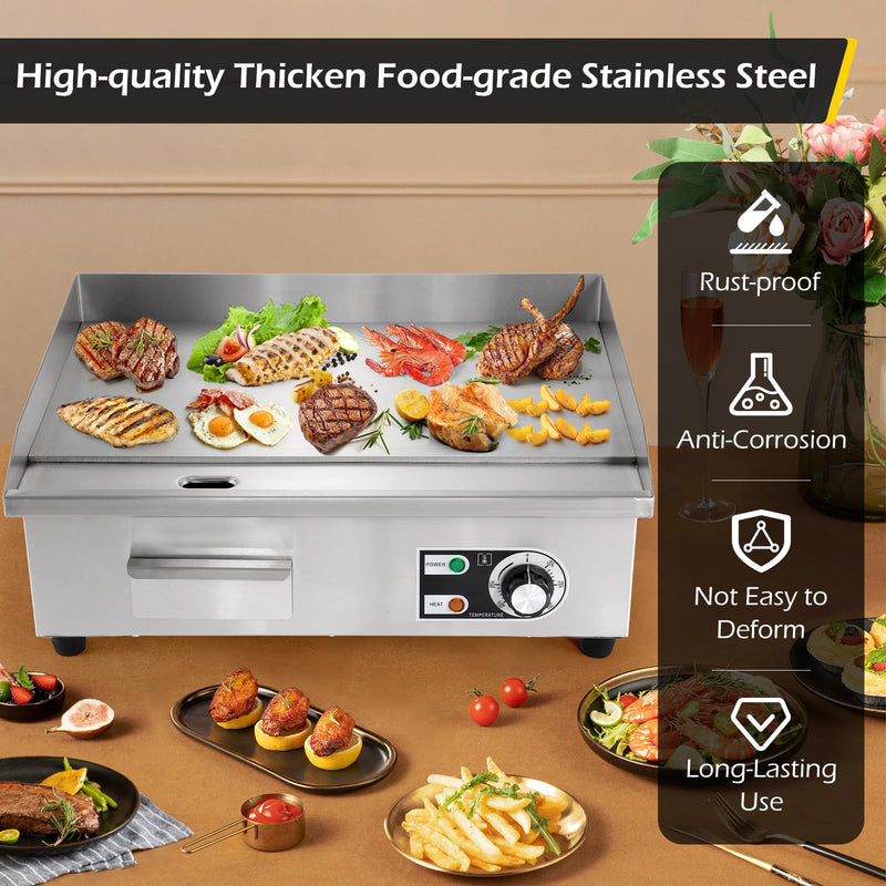 Dyna-Living Commercial Electric Griddle 22'' Flat Top Grill Countertop 3000W Stainless Steel Electric Griddle Nonstick Commercial Flat Top Griddle Countertop Grills, 122°F-572°F Temp Adjustable
