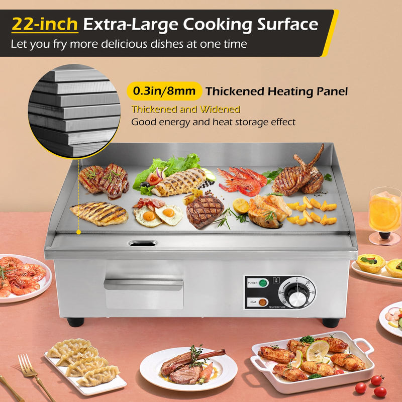 Dyna-Living Commercial Electric Griddle 22'' Flat Top Grill Countertop 3000W Stainless Steel Electric Griddle Nonstick Commercial Flat Top Griddle Countertop Grills, 122°F-572°F Temp Adjustable
