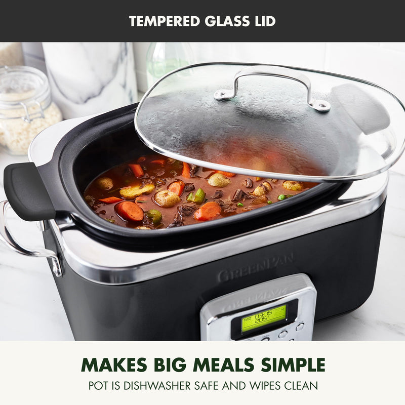 GreenPan Elite 8-in-1 Programmable 6QT Electric Slow Cooker, Dishwasher Safe Lid & Removable Crock, PFAS-Free Healthy Ceramic Nonstick Multi-Cooker, Sear, Sauté, Brown, Steam Basket, Roast, Black