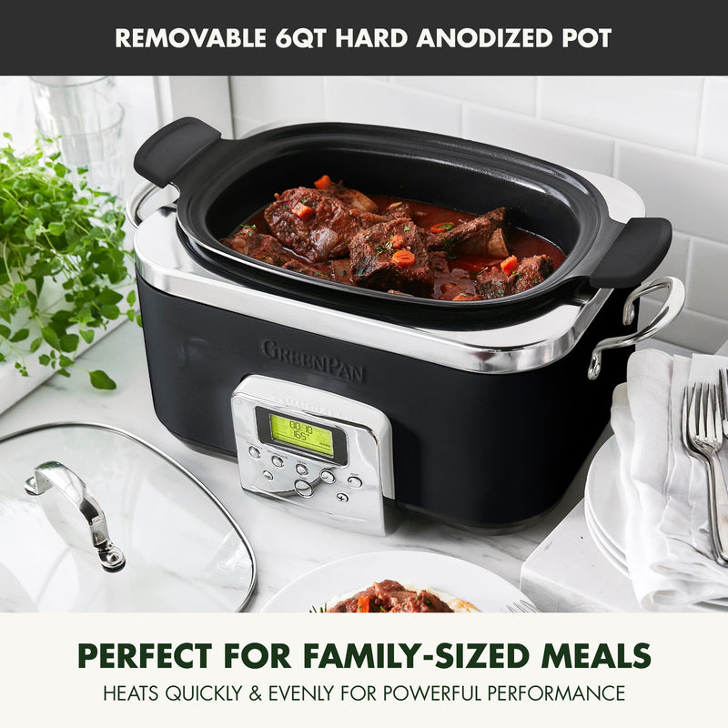 GreenPan Elite 8-in-1 Programmable 6QT Electric Slow Cooker, Dishwasher Safe Lid & Removable Crock, PFAS-Free Healthy Ceramic Nonstick Multi-Cooker, Sear, Sauté, Brown, Steam Basket, Roast, Black
