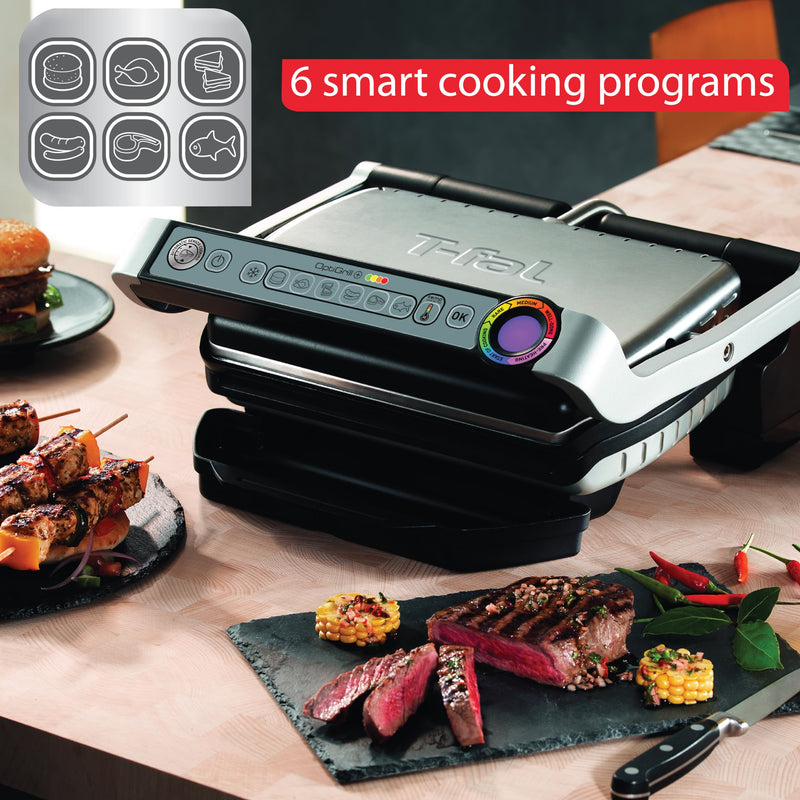 T-Fal OptiGrill Stainless Steel Electric Grill 4 Servings 6 Automatic Cooking Modes, Intelligent grilling rare to well-done 1800 Watts Nonstick Removable Plates, Dishwasher Safe, Indoor, Silver